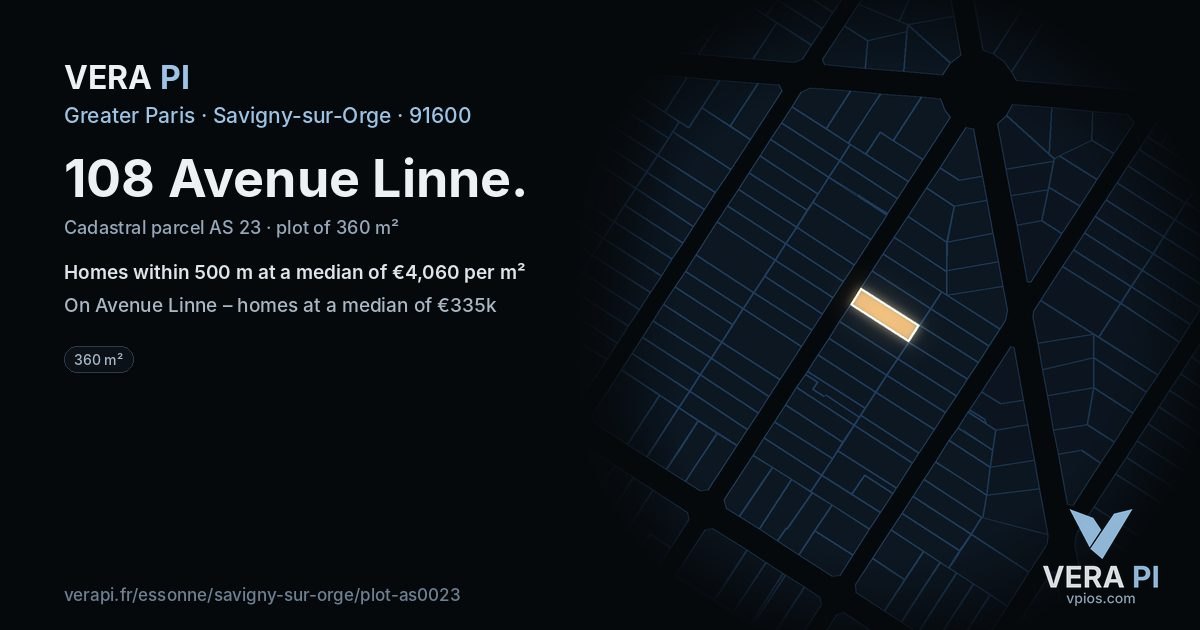 108 Avenue Linne, Savigny-sur-Orge at night – the plot lit, the parcels around coloured by the prices near them