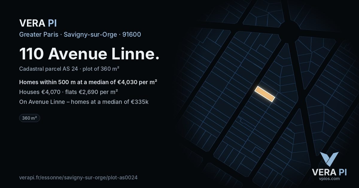 110 Avenue Linne, Savigny-sur-Orge at night – the plot lit, the parcels around coloured by the prices near them