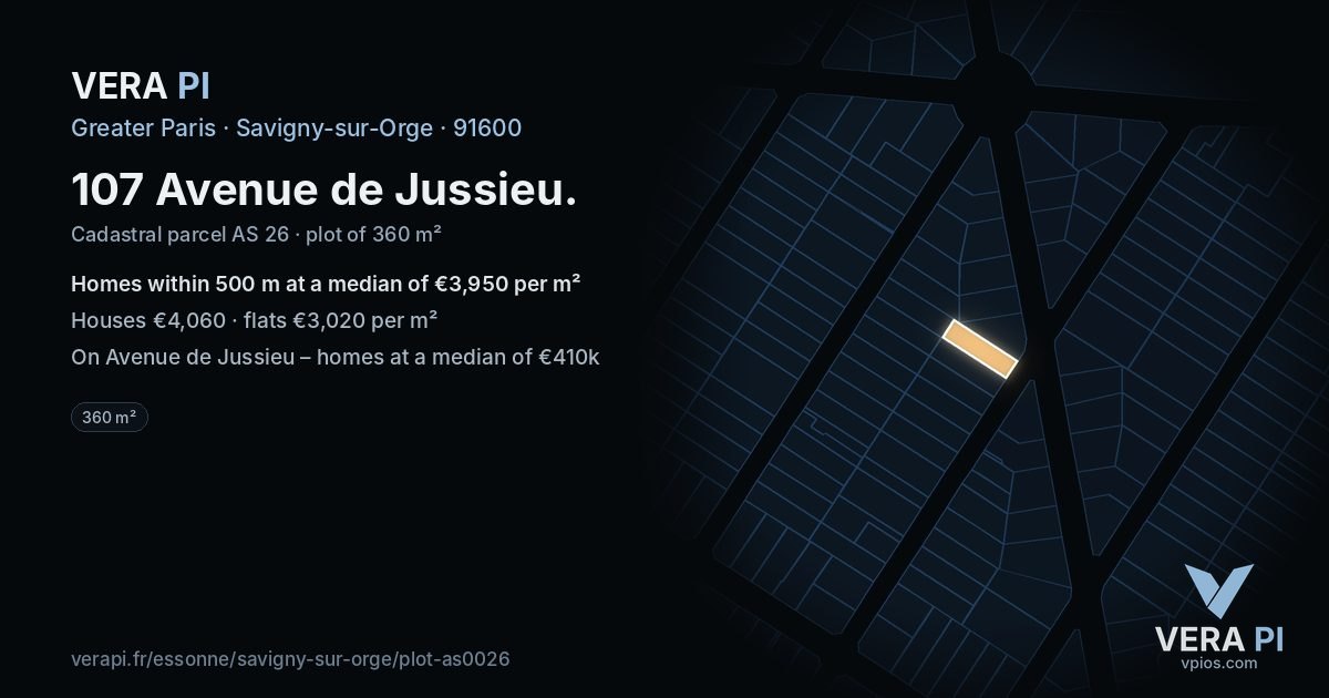 107 Avenue de Jussieu, Savigny-sur-Orge at night – the plot lit, the parcels around coloured by the prices near them