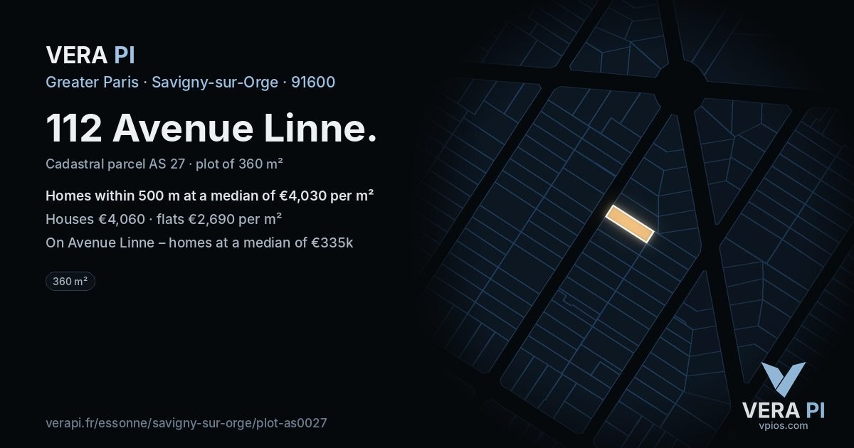 112 Avenue Linne, Savigny-sur-Orge at night – the plot lit, the parcels around coloured by the prices near them