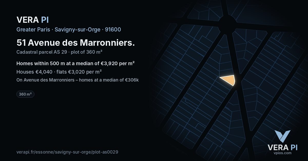 51 Avenue des Marronniers, Savigny-sur-Orge at night – the plot lit, the parcels around coloured by the prices near them
