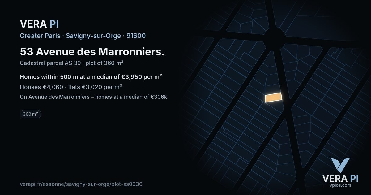 53 Avenue des Marronniers, Savigny-sur-Orge at night – the plot lit, the parcels around coloured by the prices near them