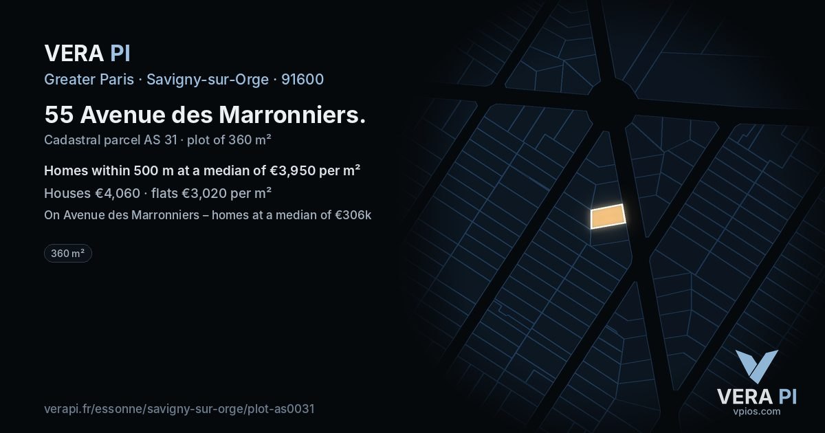55 Avenue des Marronniers, Savigny-sur-Orge at night – the plot lit, the parcels around coloured by the prices near them