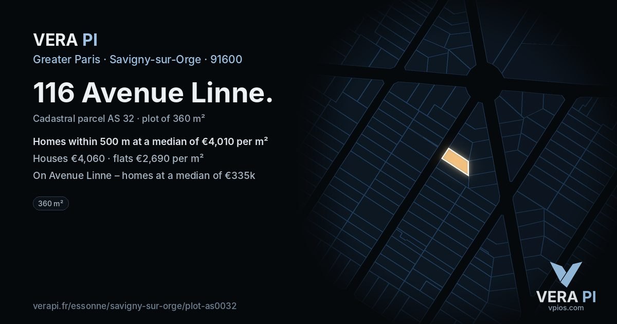 116 Avenue Linne, Savigny-sur-Orge at night – the plot lit, the parcels around coloured by the prices near them