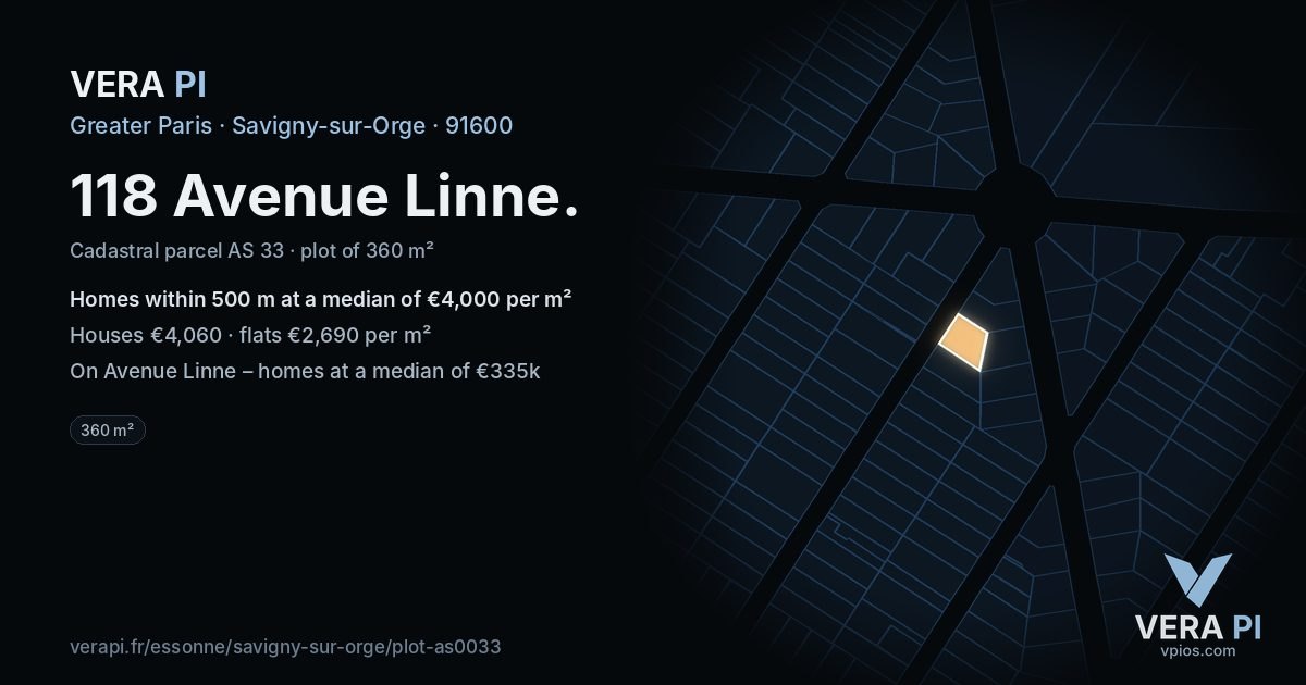118 Avenue Linne, Savigny-sur-Orge at night – the plot lit, the parcels around coloured by the prices near them
