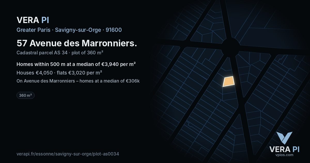 57 Avenue des Marronniers, Savigny-sur-Orge at night – the plot lit, the parcels around coloured by the prices near them