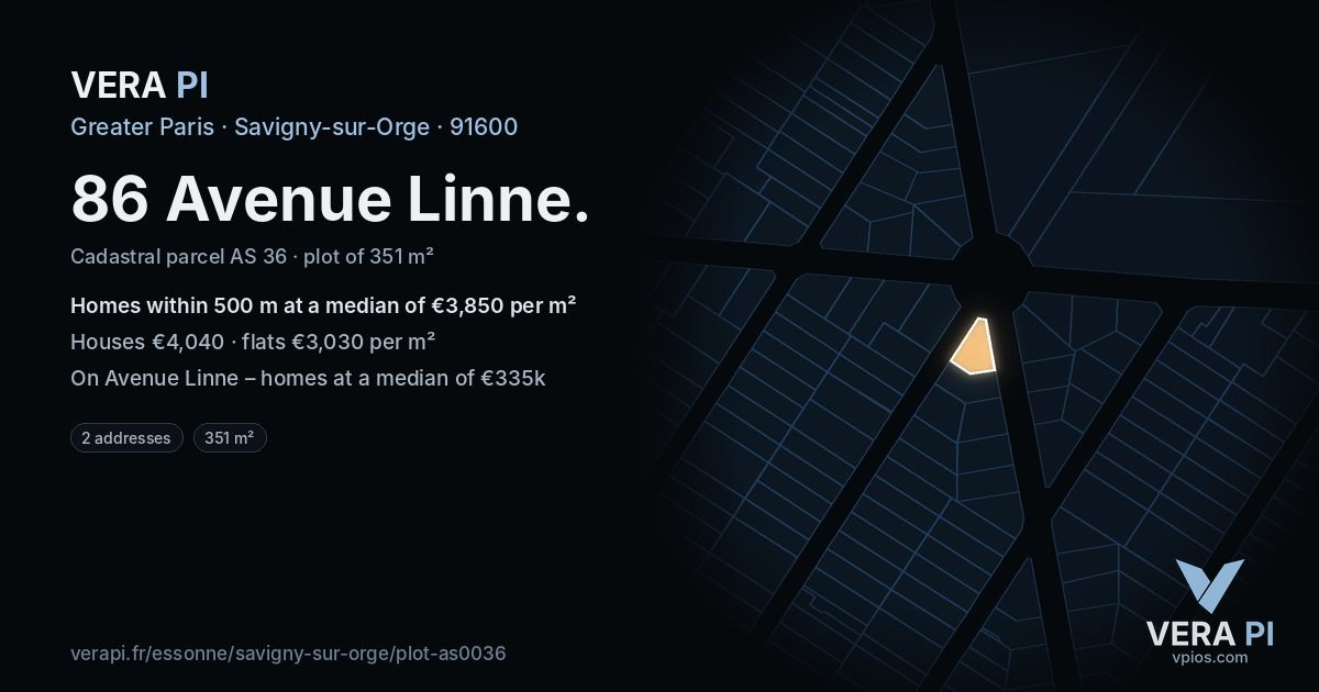 86 Avenue Linne, Savigny-sur-Orge at night – the plot lit, the parcels around coloured by the prices near them