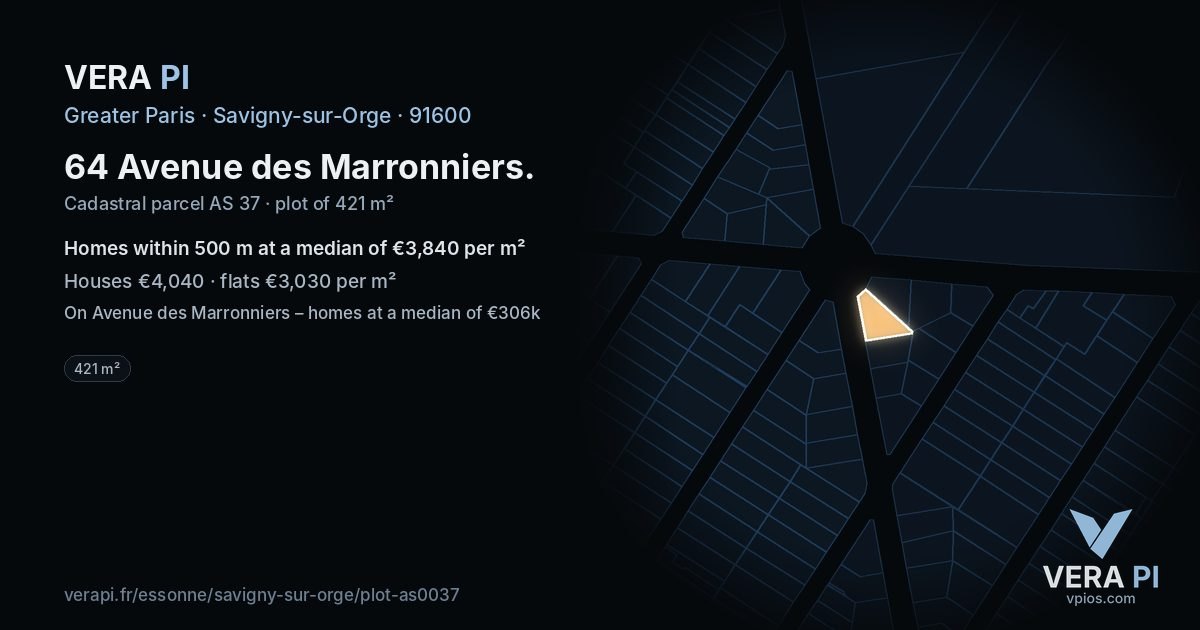 64 Avenue des Marronniers, Savigny-sur-Orge at night – the plot lit, the parcels around coloured by the prices near them