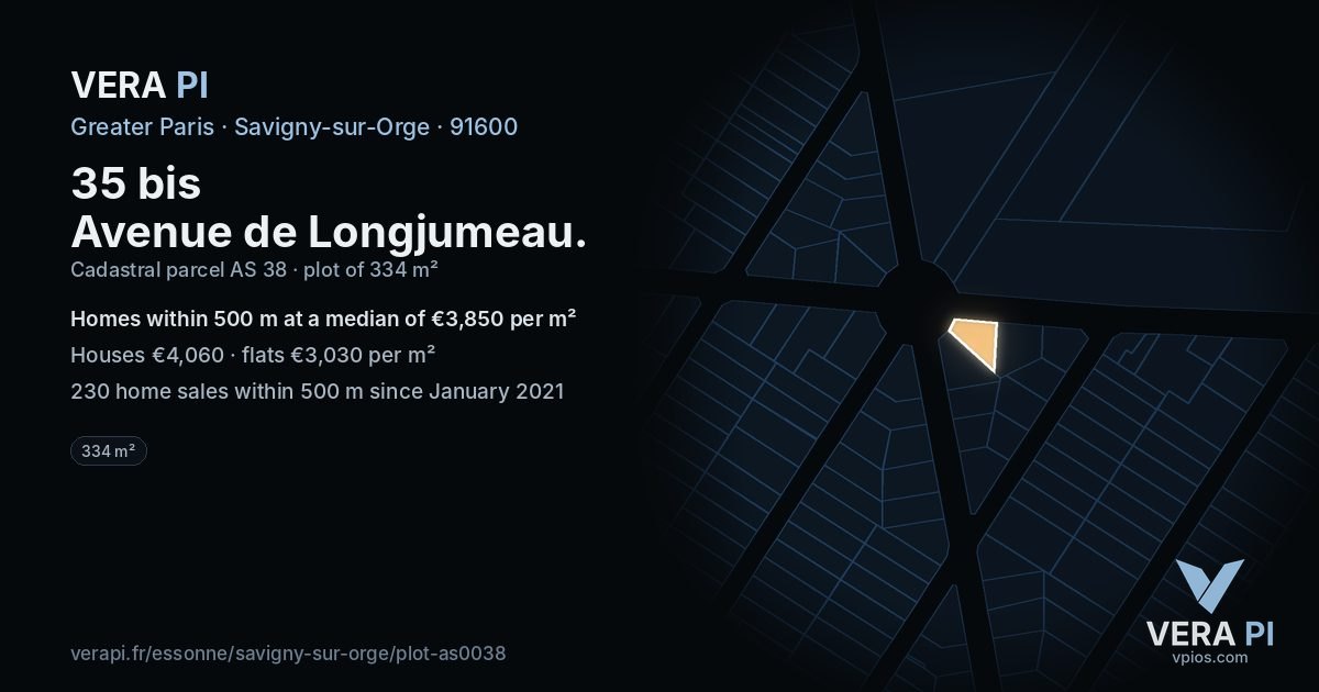 35 bis Avenue de Longjumeau, Savigny-sur-Orge at night – the plot lit, the parcels around coloured by the prices near them