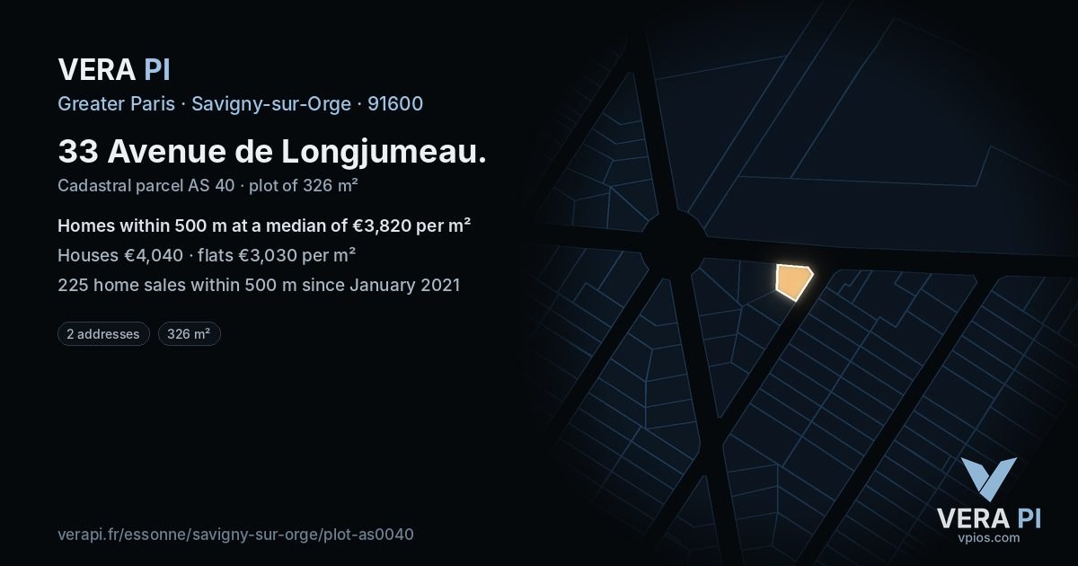 33 Avenue de Longjumeau, Savigny-sur-Orge at night – the plot lit, the parcels around coloured by the prices near them