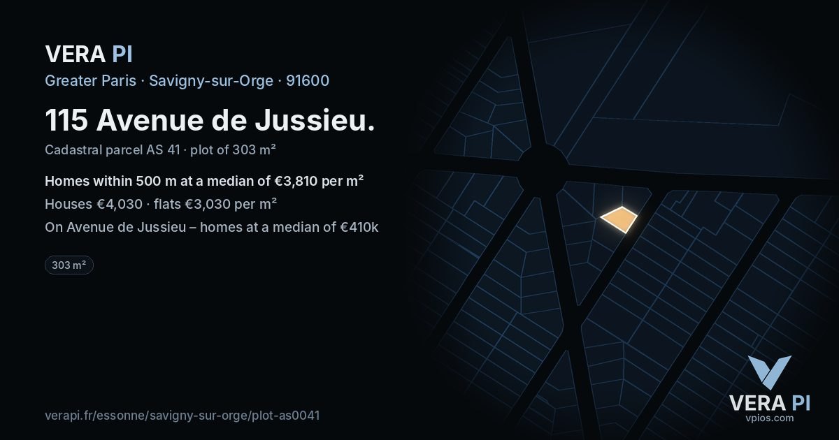 115 Avenue de Jussieu, Savigny-sur-Orge at night – the plot lit, the parcels around coloured by the prices near them