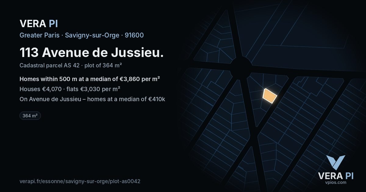 113 Avenue de Jussieu, Savigny-sur-Orge at night – the plot lit, the parcels around coloured by the prices near them