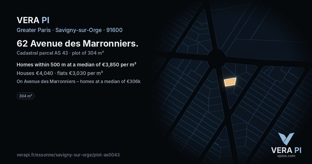 62 Avenue des Marronniers, Savigny-sur-Orge at night – the plot lit, the parcels around coloured by the prices near them