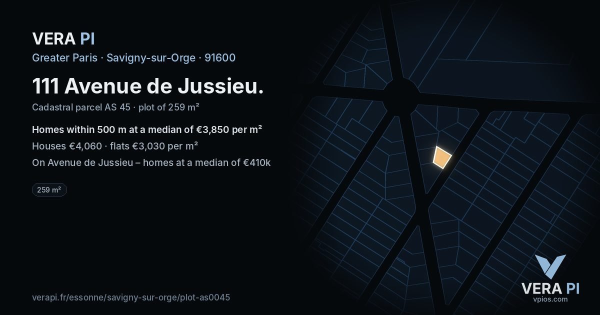 111 Avenue de Jussieu, Savigny-sur-Orge at night – the plot lit, the parcels around coloured by the prices near them