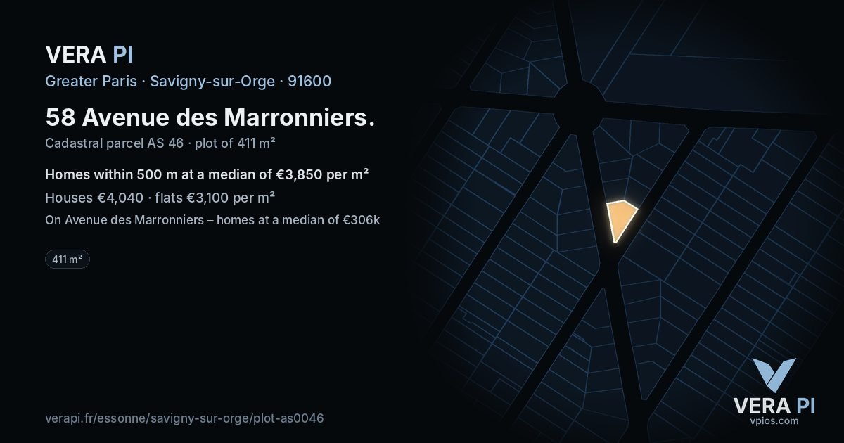 58 Avenue des Marronniers, Savigny-sur-Orge at night – the plot lit, the parcels around coloured by the prices near them