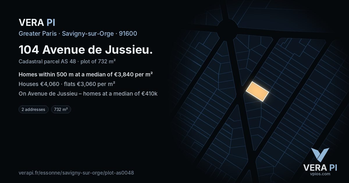 104 Avenue de Jussieu, Savigny-sur-Orge at night – the plot lit, the parcels around coloured by the prices near them