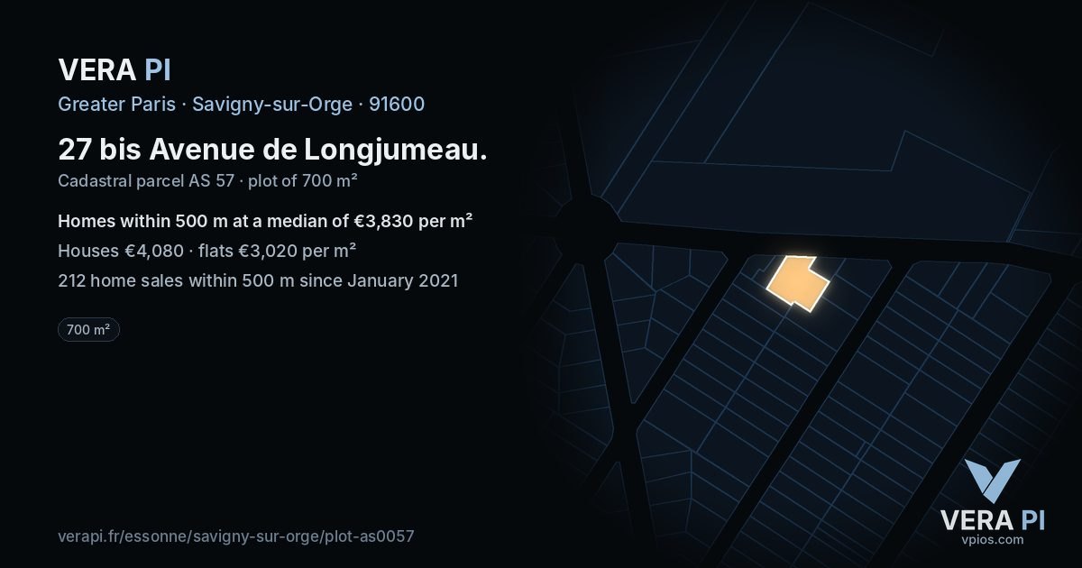 27 bis Avenue de Longjumeau, Savigny-sur-Orge at night – the plot lit, the parcels around coloured by the prices near them