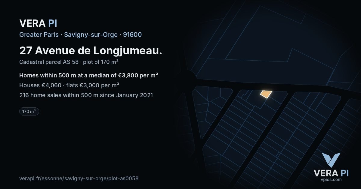 27 Avenue de Longjumeau, Savigny-sur-Orge at night – the plot lit, the parcels around coloured by the prices near them