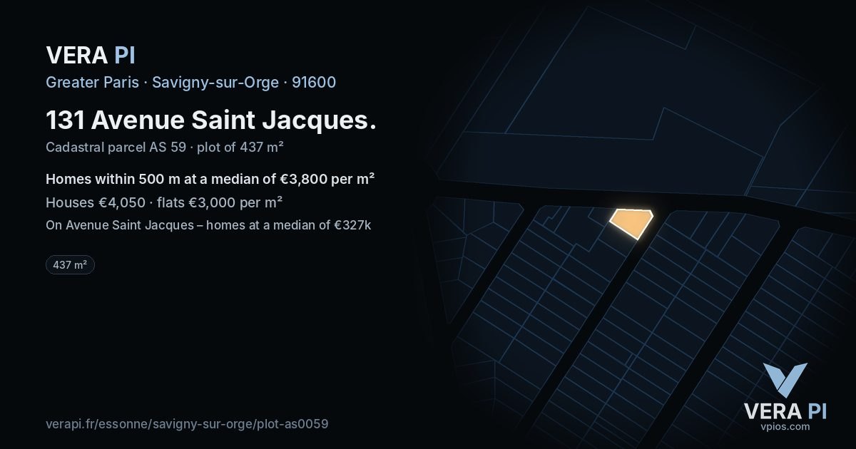 131 Avenue Saint Jacques, Savigny-sur-Orge at night – the plot lit, the parcels around coloured by the prices near them