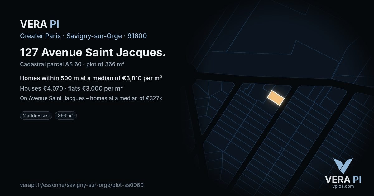 127 Avenue Saint Jacques, Savigny-sur-Orge at night – the plot lit, the parcels around coloured by the prices near them