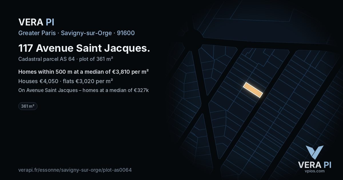 117 Avenue Saint Jacques, Savigny-sur-Orge at night – the plot lit, the parcels around coloured by the prices near them