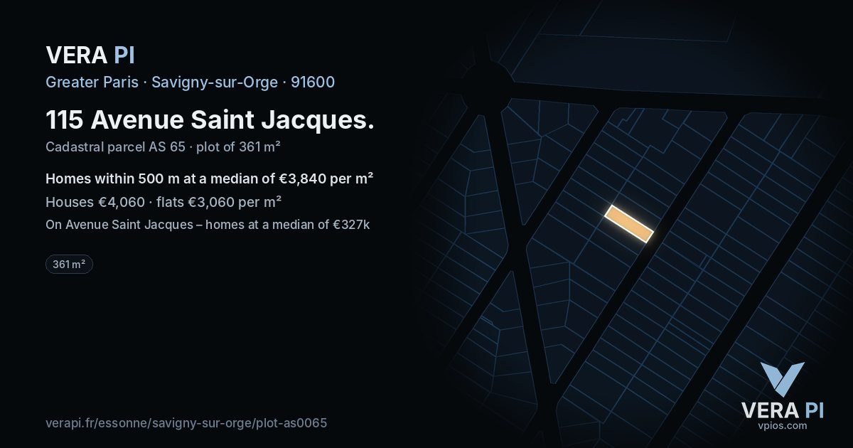 115 Avenue Saint Jacques, Savigny-sur-Orge at night – the plot lit, the parcels around coloured by the prices near them