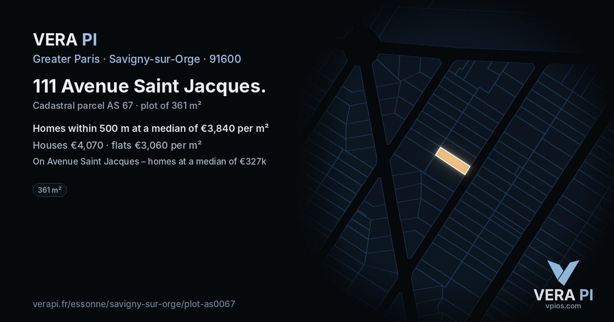 111 Avenue Saint Jacques, Savigny-sur-Orge at night – the plot lit, the parcels around coloured by the prices near them