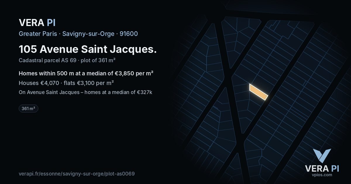105 Avenue Saint Jacques, Savigny-sur-Orge at night – the plot lit, the parcels around coloured by the prices near them