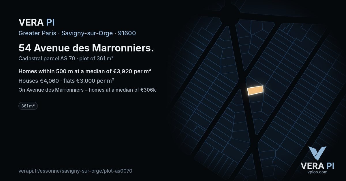 54 Avenue des Marronniers, Savigny-sur-Orge at night – the plot lit, the parcels around coloured by the prices near them