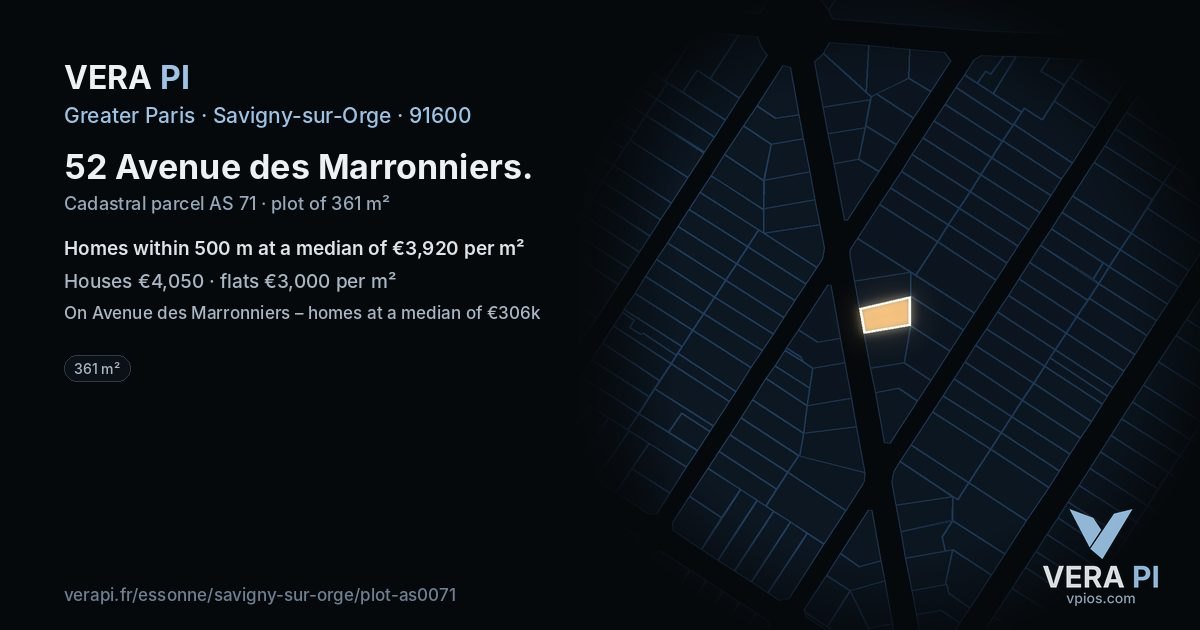 52 Avenue des Marronniers, Savigny-sur-Orge at night – the plot lit, the parcels around coloured by the prices near them