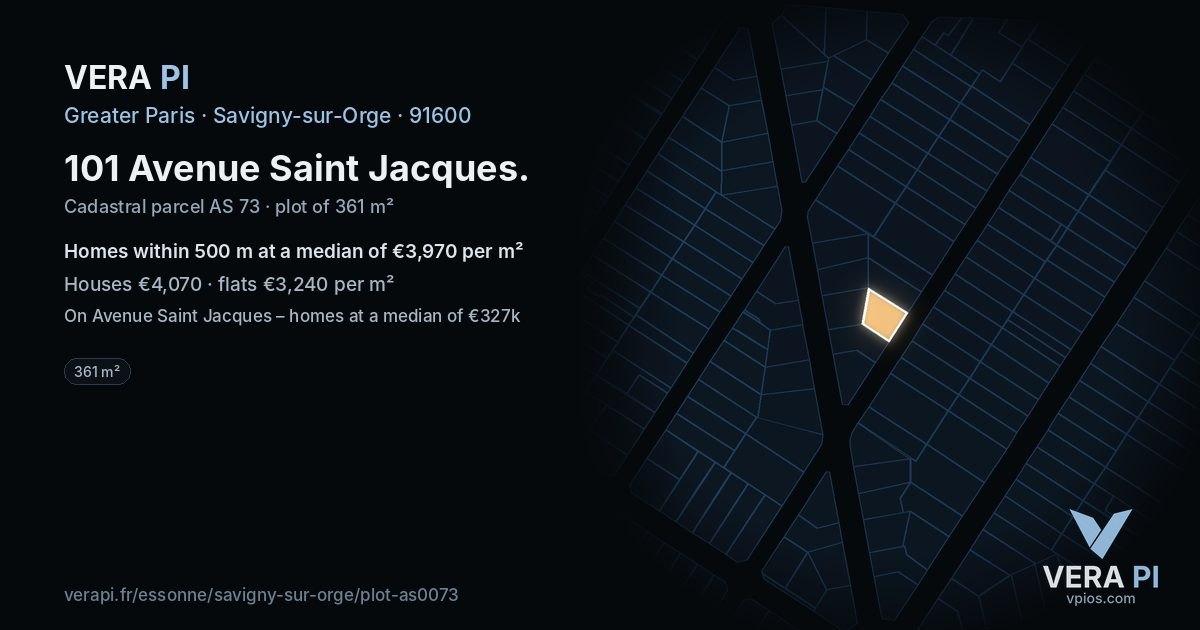 101 Avenue Saint Jacques, Savigny-sur-Orge at night – the plot lit, the parcels around coloured by the prices near them