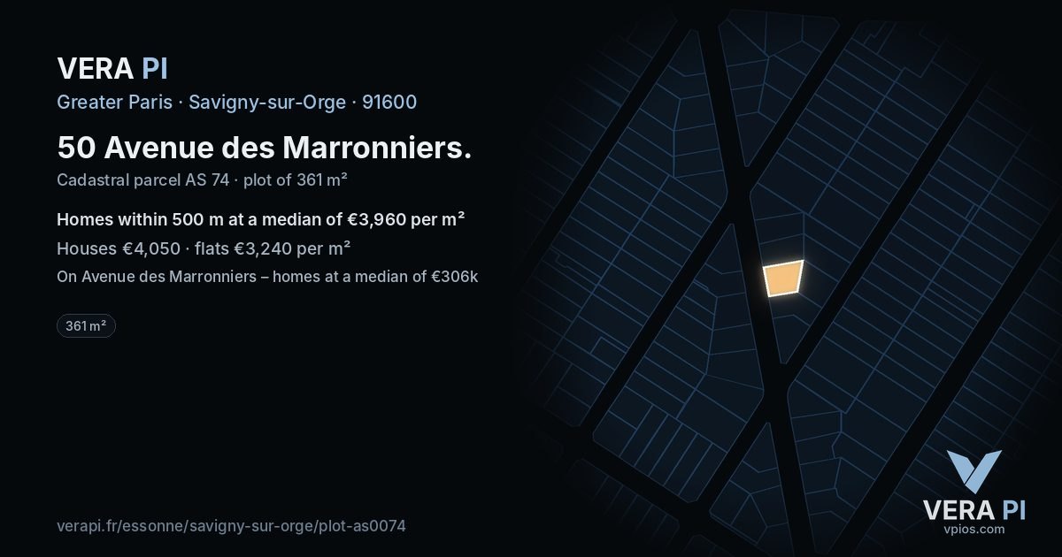 50 Avenue des Marronniers, Savigny-sur-Orge at night – the plot lit, the parcels around coloured by the prices near them