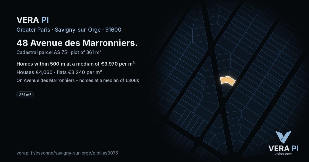 48 Avenue des Marronniers, Savigny-sur-Orge at night – the plot lit, the parcels around coloured by the prices near them