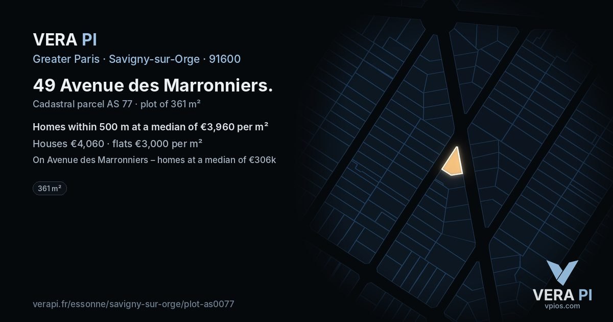 49 Avenue des Marronniers, Savigny-sur-Orge at night – the plot lit, the parcels around coloured by the prices near them