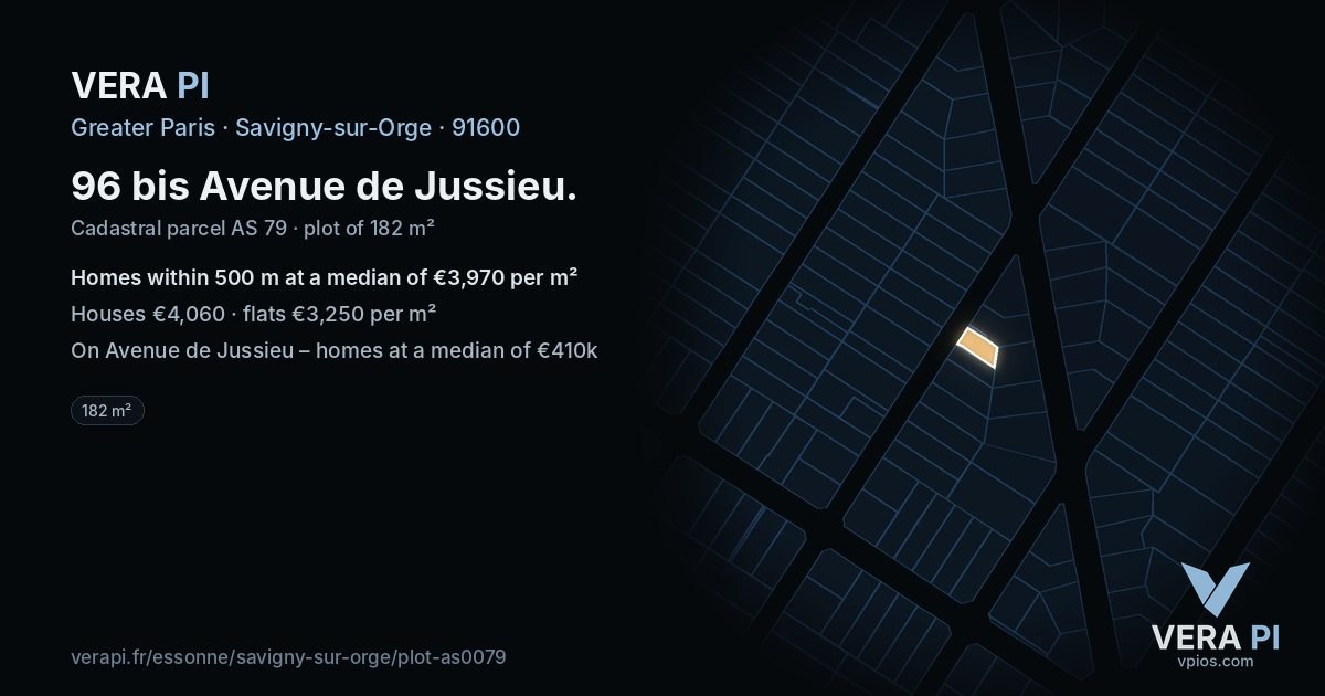 96 bis Avenue de Jussieu, Savigny-sur-Orge at night – the plot lit, the parcels around coloured by the prices near them