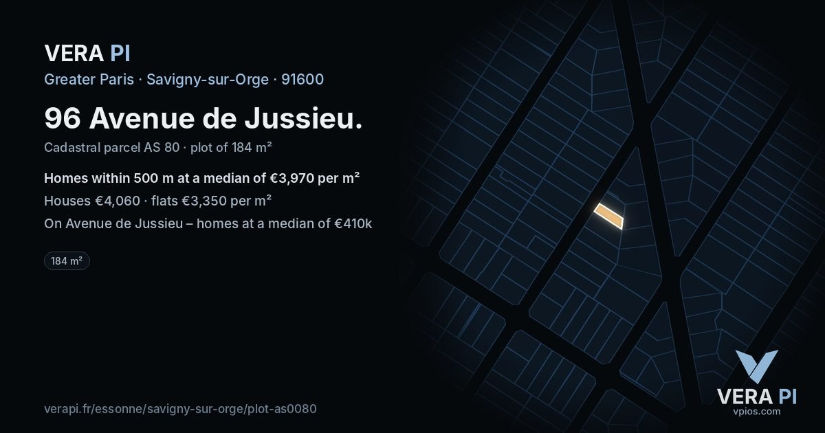 96 Avenue de Jussieu, Savigny-sur-Orge at night – the plot lit, the parcels around coloured by the prices near them