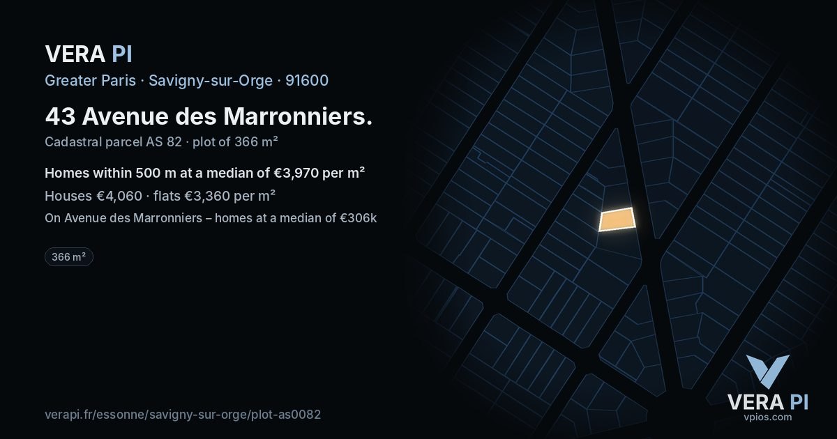 43 Avenue des Marronniers, Savigny-sur-Orge at night – the plot lit, the parcels around coloured by the prices near them