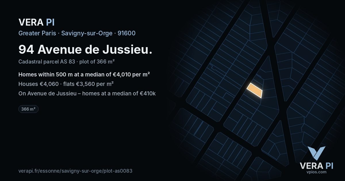 94 Avenue de Jussieu, Savigny-sur-Orge at night – the plot lit, the parcels around coloured by the prices near them