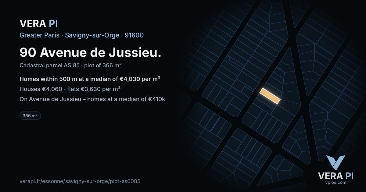 90 Avenue de Jussieu, Savigny-sur-Orge at night – the plot lit, the parcels around coloured by the prices near them