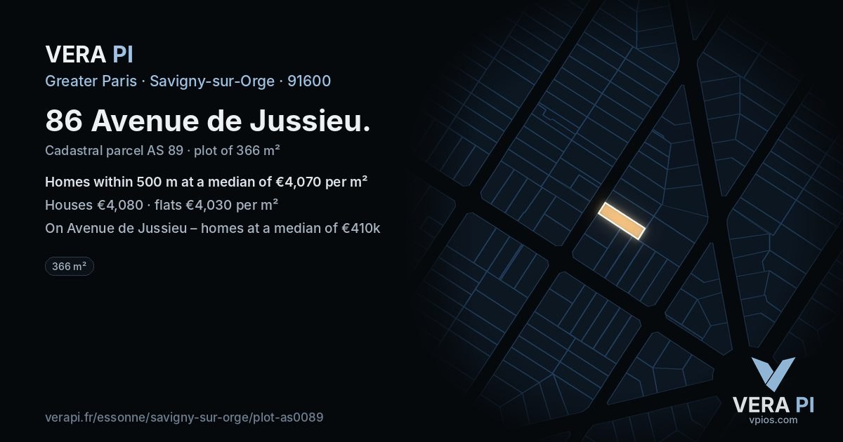 86 Avenue de Jussieu, Savigny-sur-Orge at night – the plot lit, the parcels around coloured by the prices near them