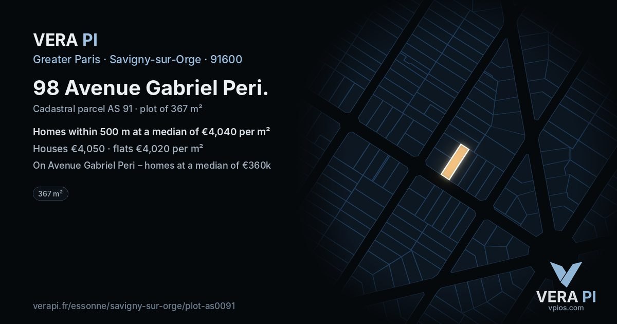 98 Avenue Gabriel Peri, Savigny-sur-Orge at night – the plot lit, the parcels around coloured by the prices near them