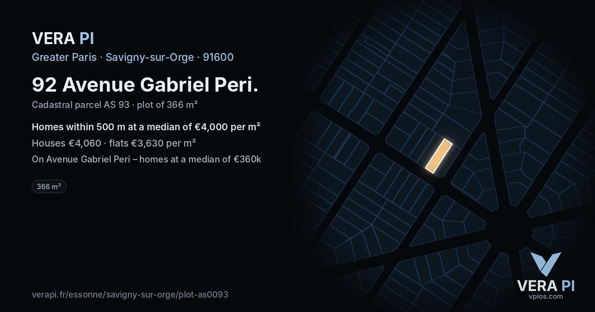 92 Avenue Gabriel Peri, Savigny-sur-Orge at night – the plot lit, the parcels around coloured by the prices near them