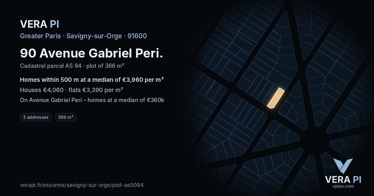 90 Avenue Gabriel Peri, Savigny-sur-Orge at night – the plot lit, the parcels around coloured by the prices near them