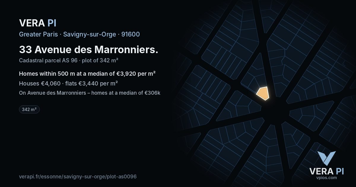 33 Avenue des Marronniers, Savigny-sur-Orge at night – the plot lit, the parcels around coloured by the prices near them