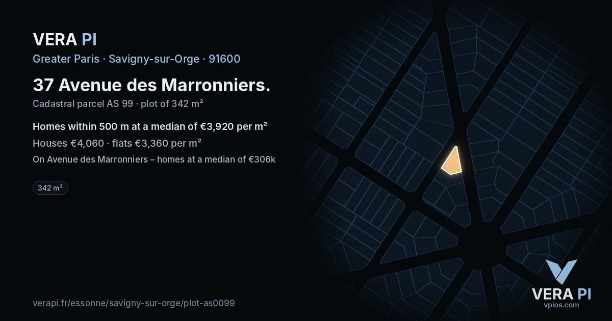 37 Avenue des Marronniers, Savigny-sur-Orge at night – the plot lit, the parcels around coloured by the prices near them
