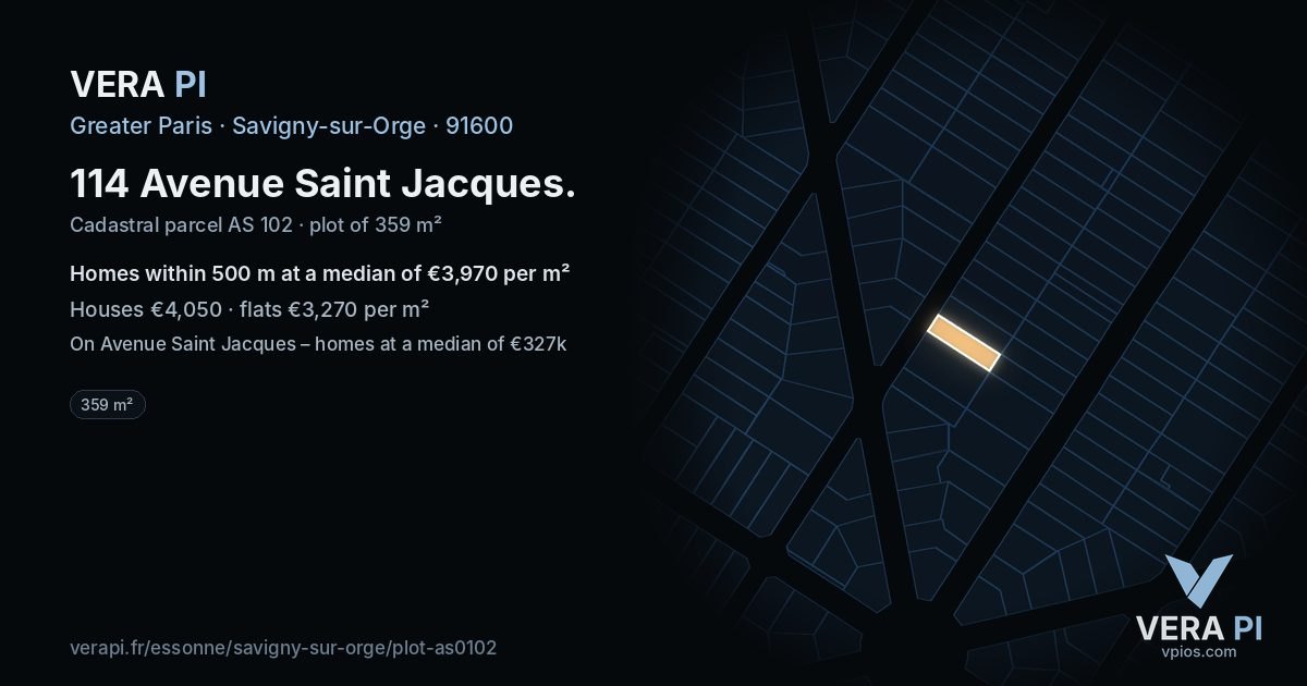 114 Avenue Saint Jacques, Savigny-sur-Orge at night – the plot lit, the parcels around coloured by the prices near them