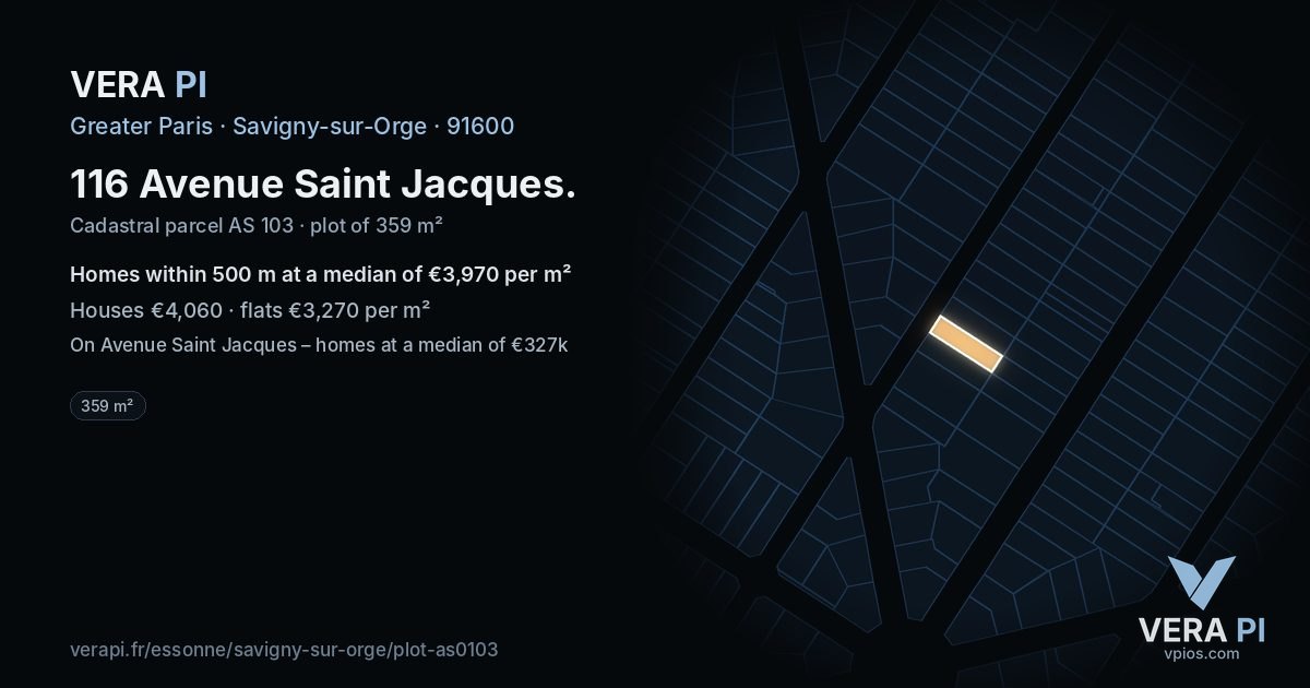 116 Avenue Saint Jacques, Savigny-sur-Orge at night – the plot lit, the parcels around coloured by the prices near them