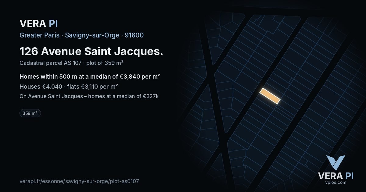 126 Avenue Saint Jacques, Savigny-sur-Orge at night – the plot lit, the parcels around coloured by the prices near them