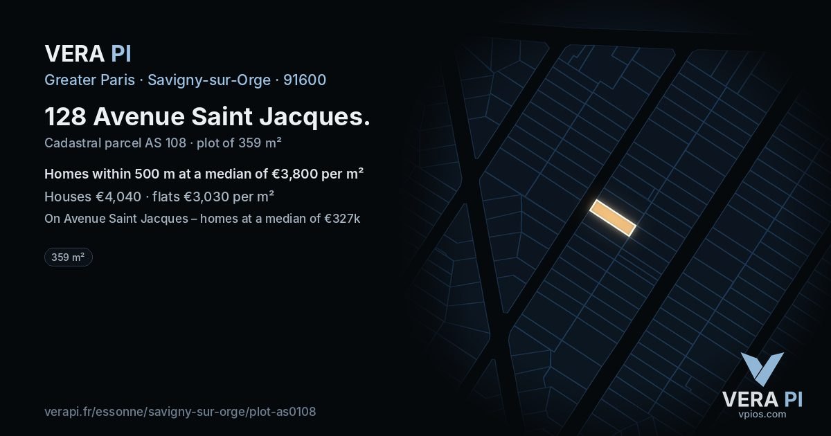 128 Avenue Saint Jacques, Savigny-sur-Orge at night – the plot lit, the parcels around coloured by the prices near them
