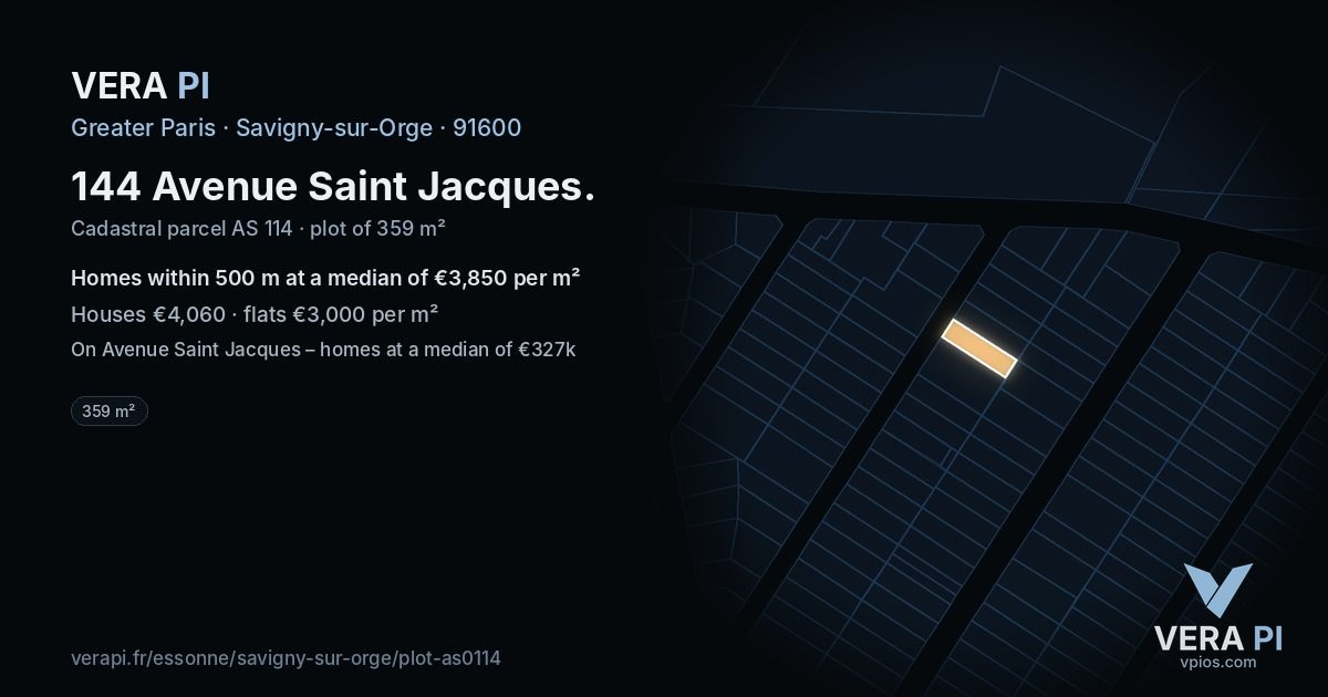 144 Avenue Saint Jacques, Savigny-sur-Orge at night – the plot lit, the parcels around coloured by the prices near them